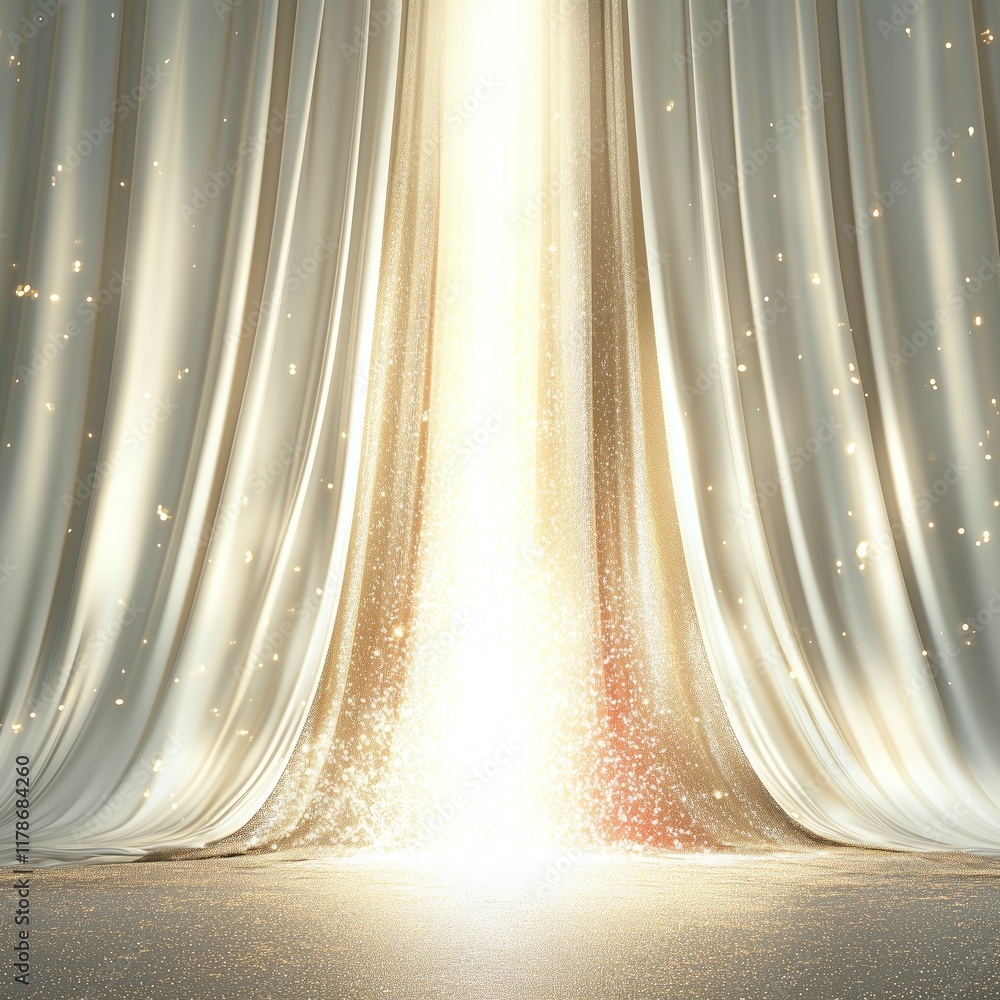 Poster white and gold background with opened white curtains reflecting soft light and shimmering effects, c