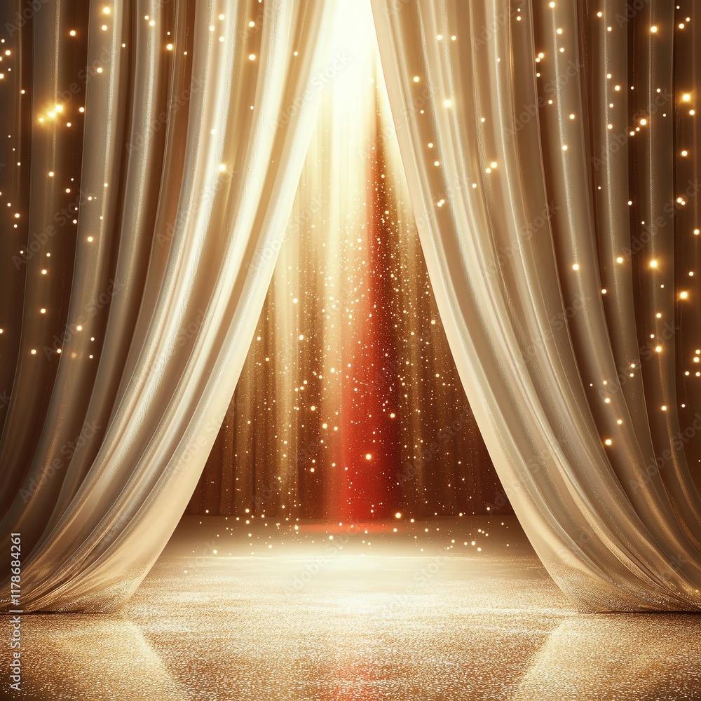 Poster white and gold background with opened white curtains reflecting soft light and shimmering effects, c