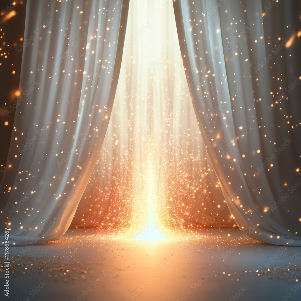 Poster white and gold background with opened white curtains reflecting soft light and shimmering effects, c