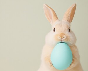 Fototapeta premium Adorable White Rabbit Holding Blue Easter Egg Against Pastel Background