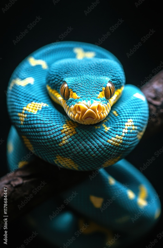 Poster close-up of a vibrant blue and yellow tree python coiled on a branch, showcasing its stunning colora