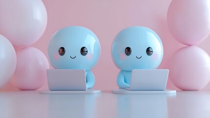 Obraz premium Cute cartoon figures working on laptops, pastel background, digitally rendered.