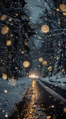 Blurred light clusters softly illuminating a snow-covered forest road surrounded by frost-laden branches offering a serene seasonal setting