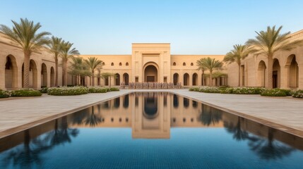 Fototapeta premium Tranquil reflection pool luxury resort architectural photography desert oasis wide angle serene ambiance