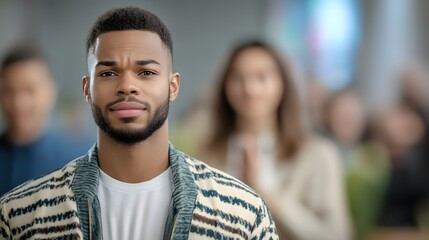Fototapeta premium Thoughtful and Contemplative Young African American Man in an Indoor Urban Church Setting with Architecture and Background