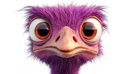 A cartoon-style purple ostrich with large eyes and a whimsical expression.
