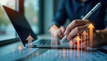 Person working on laptop with growing financial indicators. Business development plan for 2023. Focus on increasing revenue, profitability in market. Digital tools for financial analysis, tech-driven
