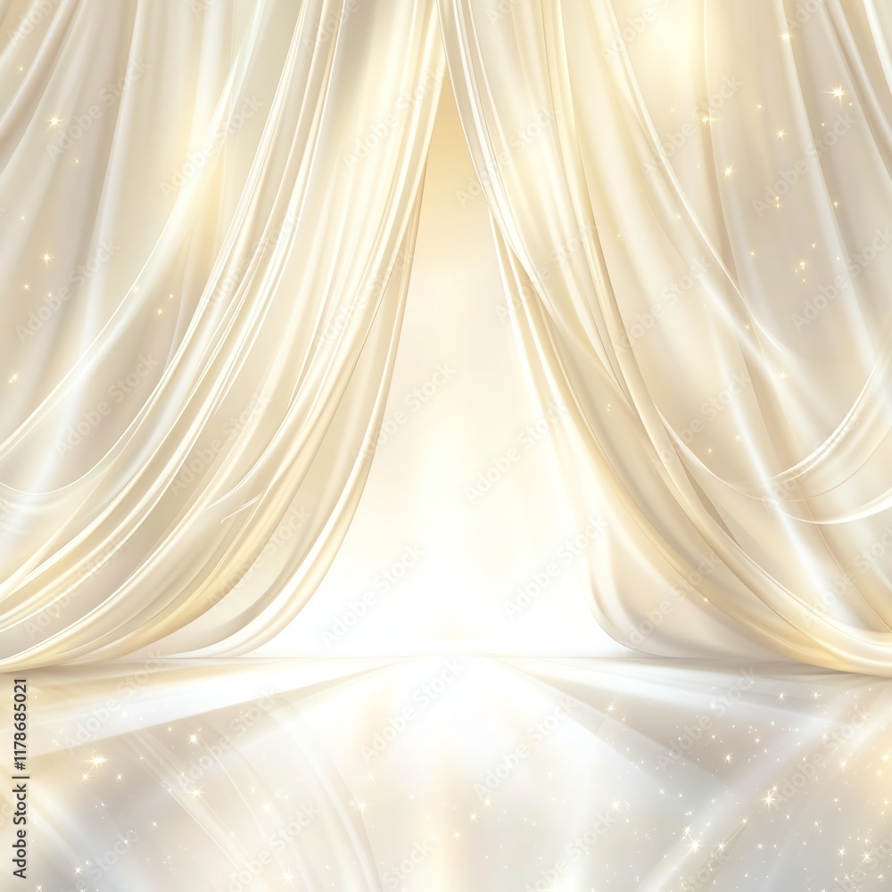 Poster white and gold background with opened white curtains reflecting soft light and shimmering effects, c
