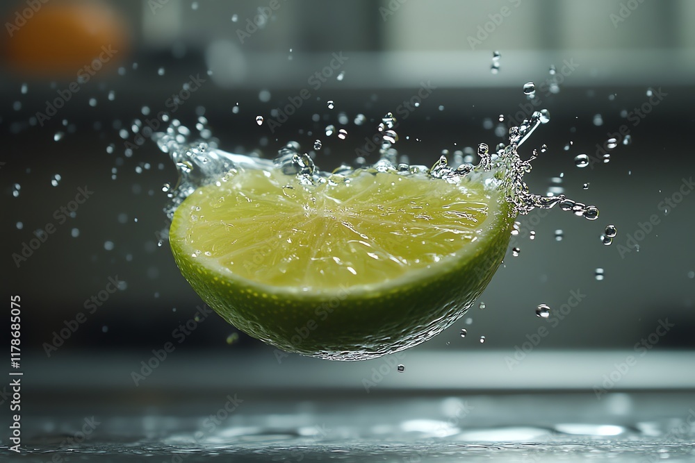 Poster a lime wedge splashes into water, creating a burst of droplets around it.