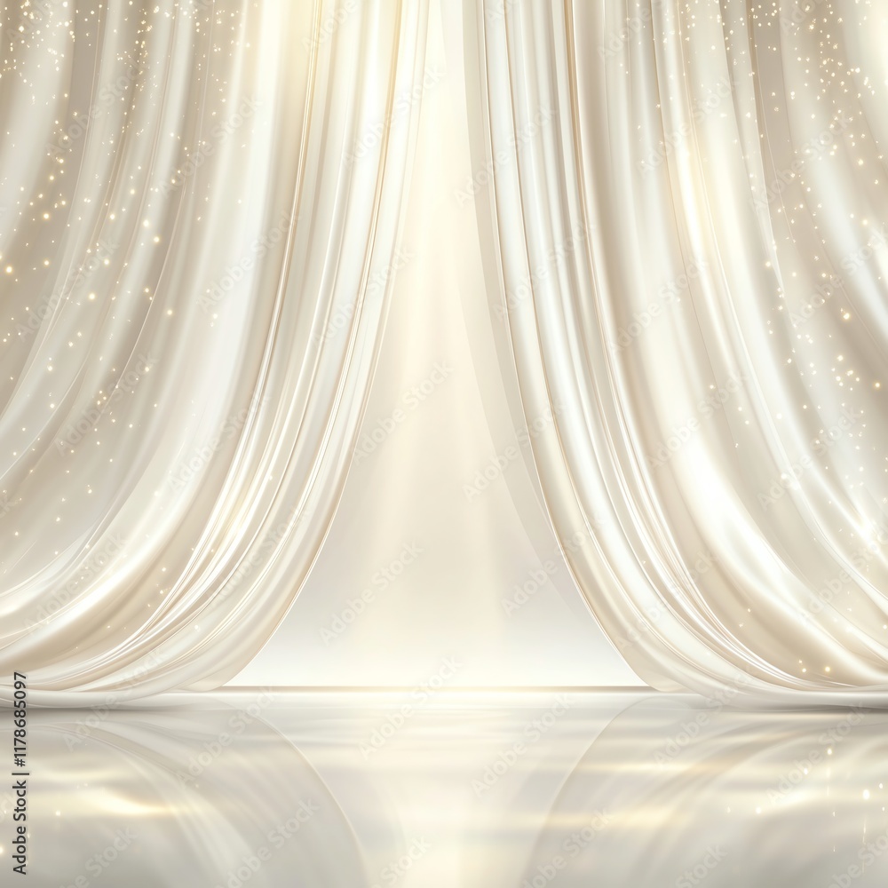 Poster white and gold background with opened white curtains reflecting soft light and shimmering effects, c