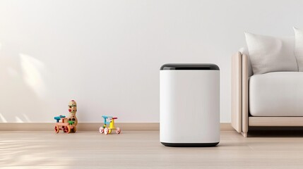 Smart home device in a family living room, near a child s toy and a cozy sofa, bright natural light, illustrating versatility and everyday use