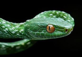 Fototapeta premium Close-Up of a Vibrant Green Snake with Intense Eyes Captured in Detail Against a Black Background, Showcasing Scales and Smooth Texture