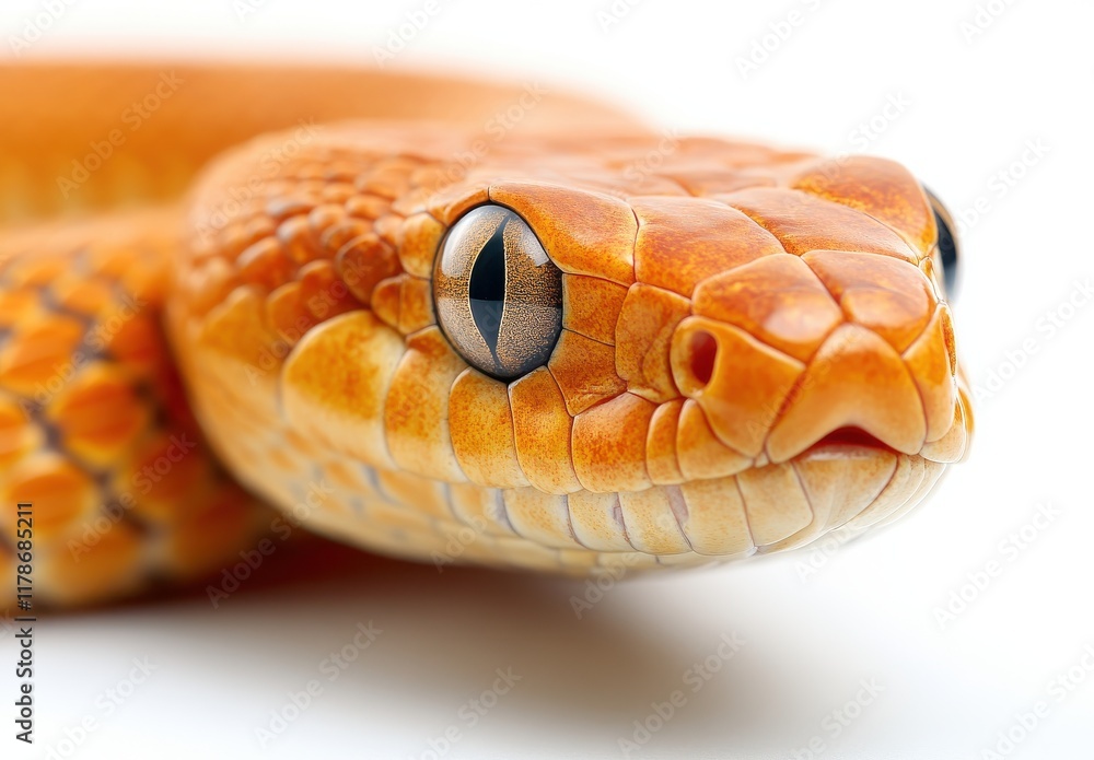 Poster close-up of a vibrant orange snake head displaying intricate scale patterns and lively eyes on a whi