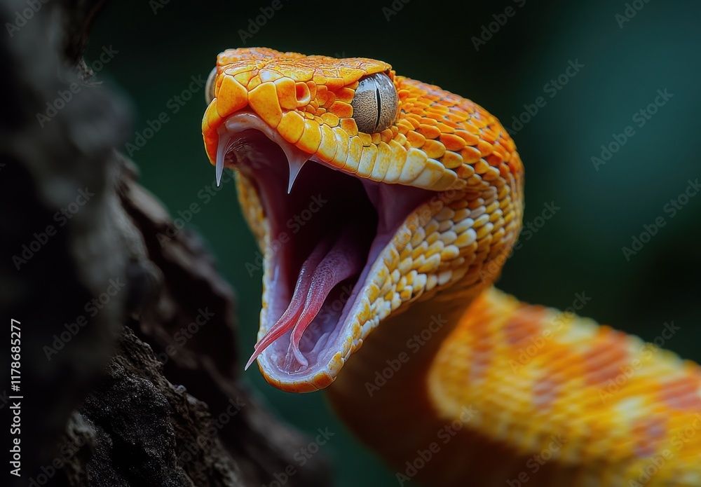 Poster close-up of a vibrant orange snake with intimidating fangs in a natural habitat, displaying distinct