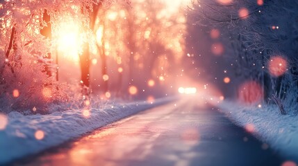 Blurred light clusters softly illuminating a snow-covered forest road surrounded by frost-laden branches offering a serene seasonal setting