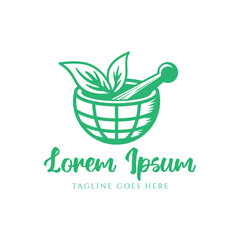 Half Globe World Global Green Mortar and Pestle with Leaf Leaves for Herbal Medicine Logo Design