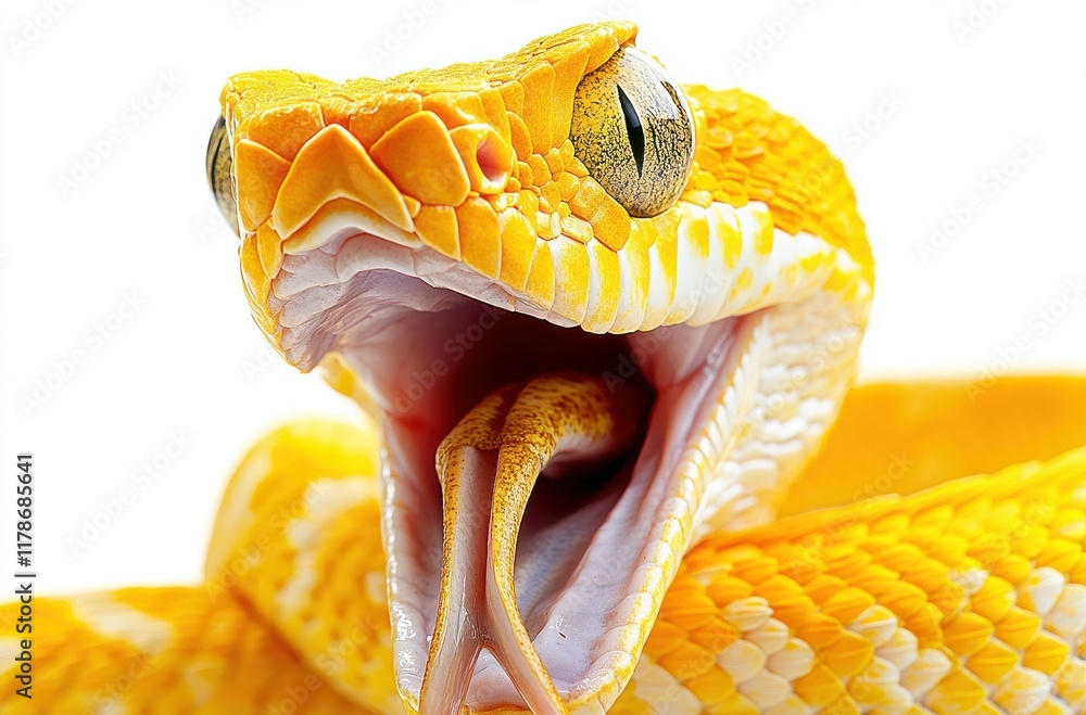 Poster close-up of a vibrant yellow snake displaying its open mouth with prominent tongue and captivating e