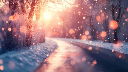 Blurred light clusters softly illuminating a snow-covered forest road surrounded by frost-laden branches offering a serene seasonal setting