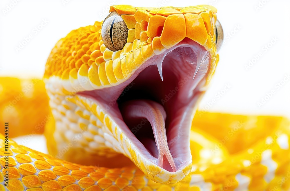 Poster close-up of a vibrant yellow snake with an open mouth, showcasing intricate scales and sharp fangs i