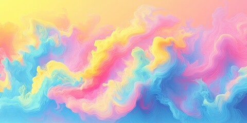 Abstract pastel background with flowing cloud-like formations in soft pink, blue, yellow, and peach gradients blending harmoniously.

