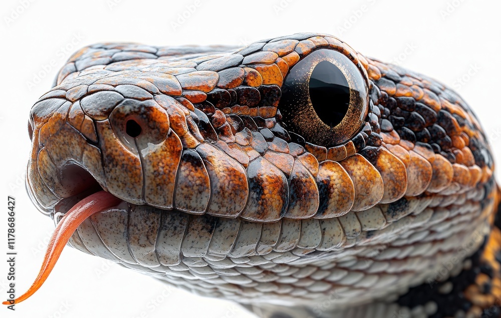 Poster close-up of a vibrantly colored snake with intricate scales and flicking tongue against a soft white