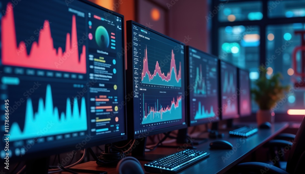 Poster Multiple computer monitors display network monitoring dashboard. Real-time data analytics graphs, system health indicators visible. Data visualization shows system performance. Information displayed