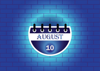 A stylized calendar page for August 10th is displayed against a blue brick wall background. The design is clean and modern, ideal for various uses.
