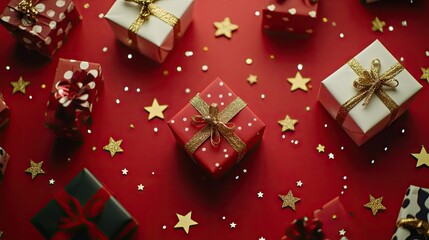 Top view of gift boxes, Xmas decorations, and stars on a red background, creating a festive and urgent holiday shopping vibe with space for promotional content.