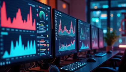Multiple computer monitors display network monitoring dashboard. Real-time data analytics graphs, system health indicators visible. Data visualization shows system performance. Information displayed