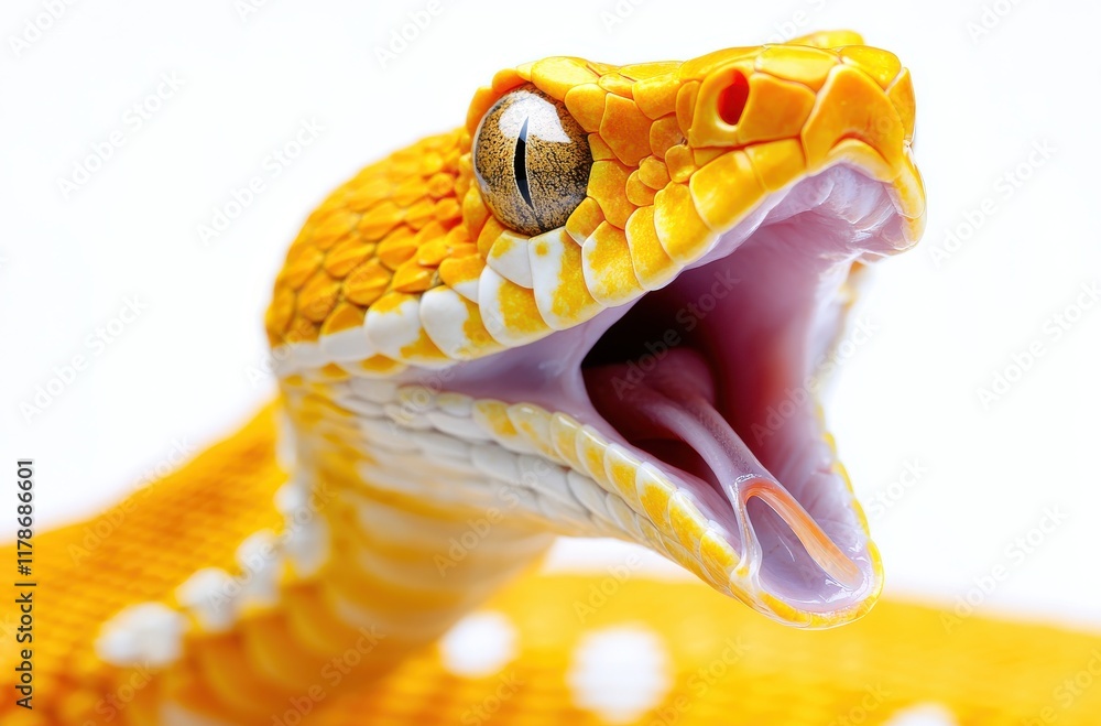 Poster close-up of a vibrantly colored yellow snake with an open mouth capturing detail of scales and eye i
