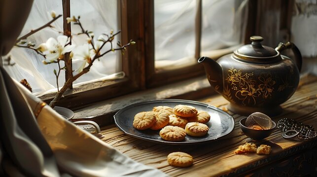 A black platter of pignoli biscuits and a vessel for tea are beside the window