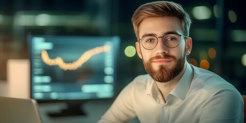 A focused and determined professional working intently on a laptop in a home office environment surrounded by data visualization graphs and charts showcasing their dedication to analytical work