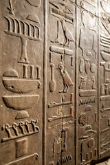 Hieroglyphs and wall paintings in Egypt, Mortuary Temple of Hatshepsut in the Deir el-Bahari necropolis of Thebes, Egypt, Luxor