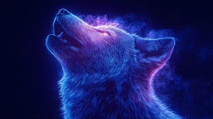 Neon Wolf Howling in Mystical Blue and Purple Aura on Isolated Dark Background