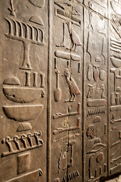 Hieroglyphs and wall paintings in Egypt, Mortuary Temple of Hatshepsut in the Deir el-Bahari necropolis of Thebes, Egypt, Luxor