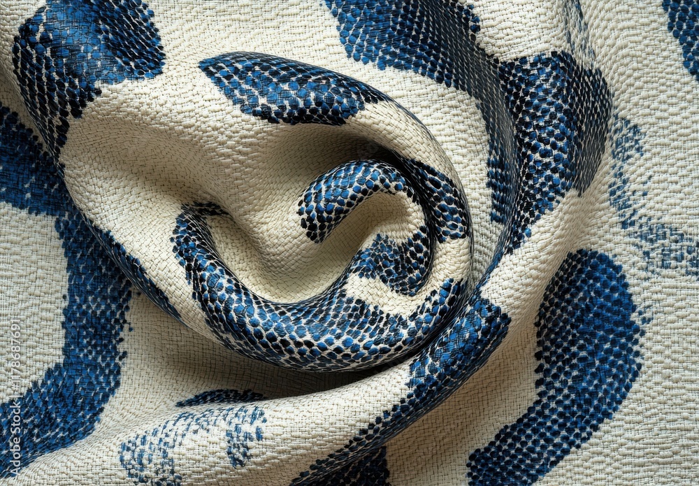 Poster close-up of elegant fabric with blue snake print pattern showing intricate texture and beautiful swi