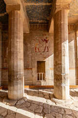 Hieroglyphs and wall paintings in Egypt, Mortuary Temple of Hatshepsut in the Deir el-Bahari necropolis of Thebes, Egypt, Luxor