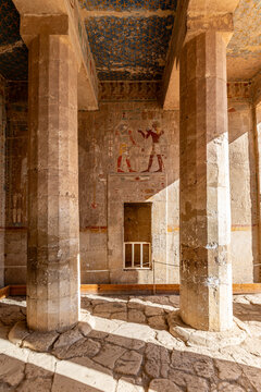 Hieroglyphs and wall paintings in Egypt, Mortuary Temple of Hatshepsut in the Deir el-Bahari necropolis of Thebes, Egypt, Luxor