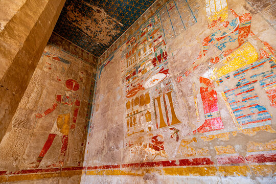 Hieroglyphs and wall paintings in Egypt, Mortuary Temple of Hatshepsut in the Deir el-Bahari necropolis of Thebes, Egypt, Luxor