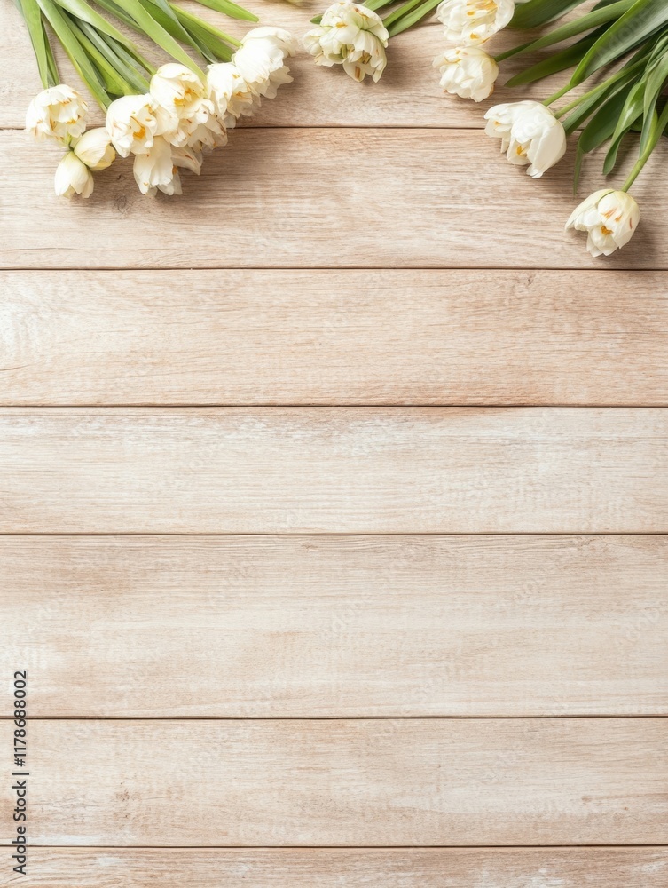 Poster spring tulips on wooden tabletop rustic minimalism and natural beauty in stock