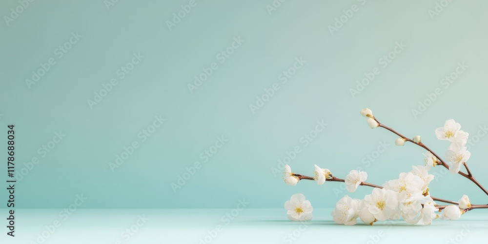 Aufkleber minimalist spring scene with blossoming apricot tree branches on soft blue background