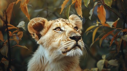 A closeup of a beautiful white lion cub gazing out of the woods