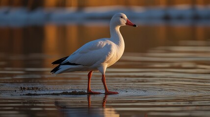 Fototapeta premium sunset,Snow goose in the golden light, the water reflects golden during the sunset