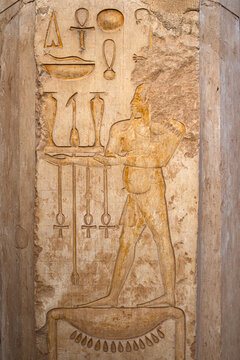 Hieroglyphs and wall paintings in Egypt, Mortuary Temple of Hatshepsut in the Deir el-Bahari necropolis of Thebes, Egypt, Luxor