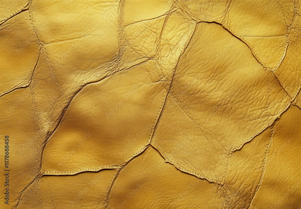 Poster close-up of textured yellow leather with natural patterns and intricate stitching highlighting the u