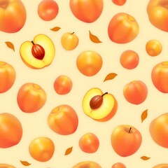 Seamless Pattern of Juicy Ripe Apricots Halved Apricot Autumn Leaves Background
