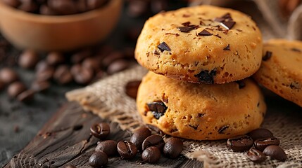 Fototapeta premium A closeup of a traditional yellow cacao chip biscuit with espresso beans