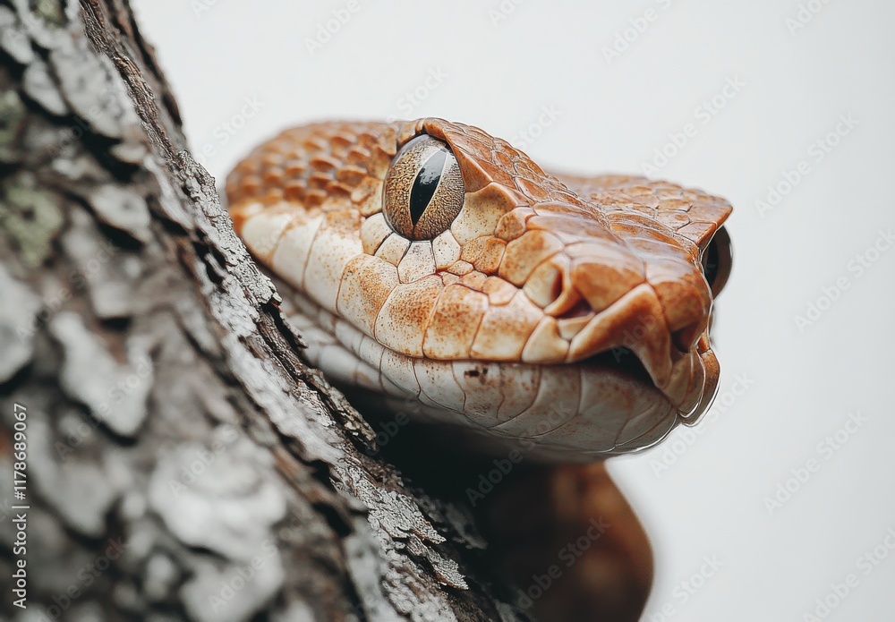 Poster close-up portrait of a beautiful brown snake on a tree bark, showcasing intricate scale patterns and