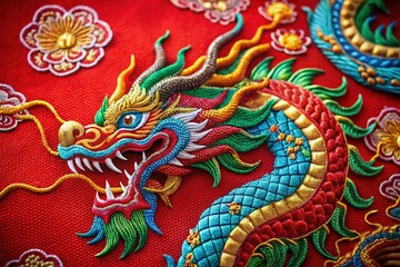 Fototapeta premium 2024 Year of the Dragon: Red Background Chinese Dragon Embroidery Head Stock Photo