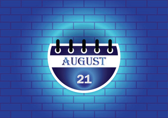 Obraz premium A digitally rendered image of a calendar page showing August 21st. The calendar is presented against a blue brick wall background, creating a visually appealing contrast.